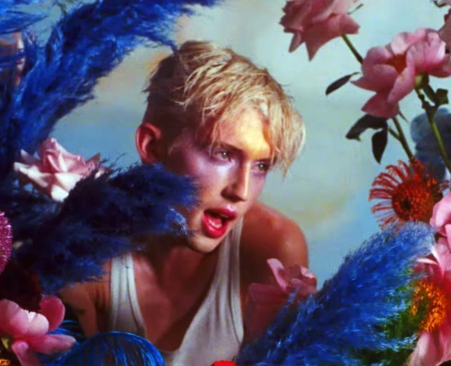 Troye Sivan musician gender fluid Bloom music video high fashion eye makeup holographic pink lipstick