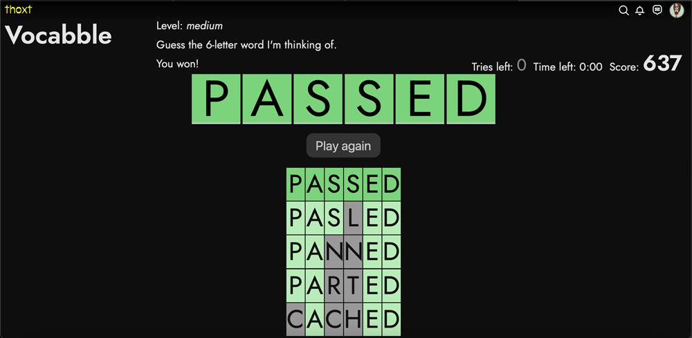 Thoxt Vocabble Word Game